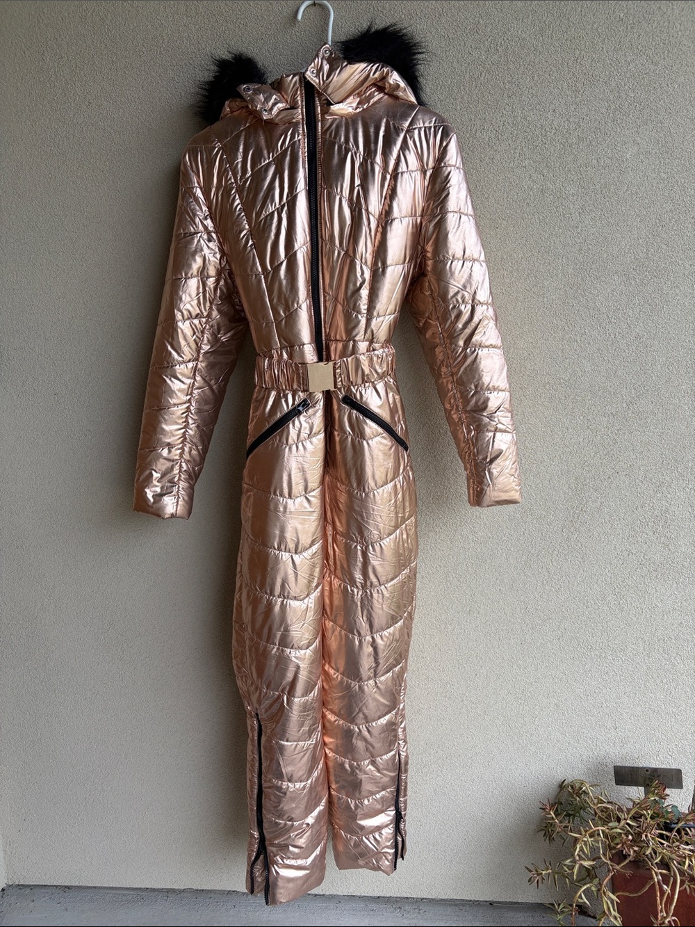 Metallic Rose Gold Puffer Jumpsuit with Hood